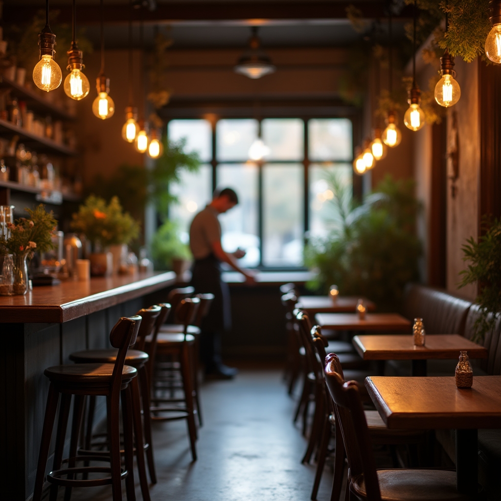 Interior de un local gastronómico con la iluminación encendida durante horario de baja actividad