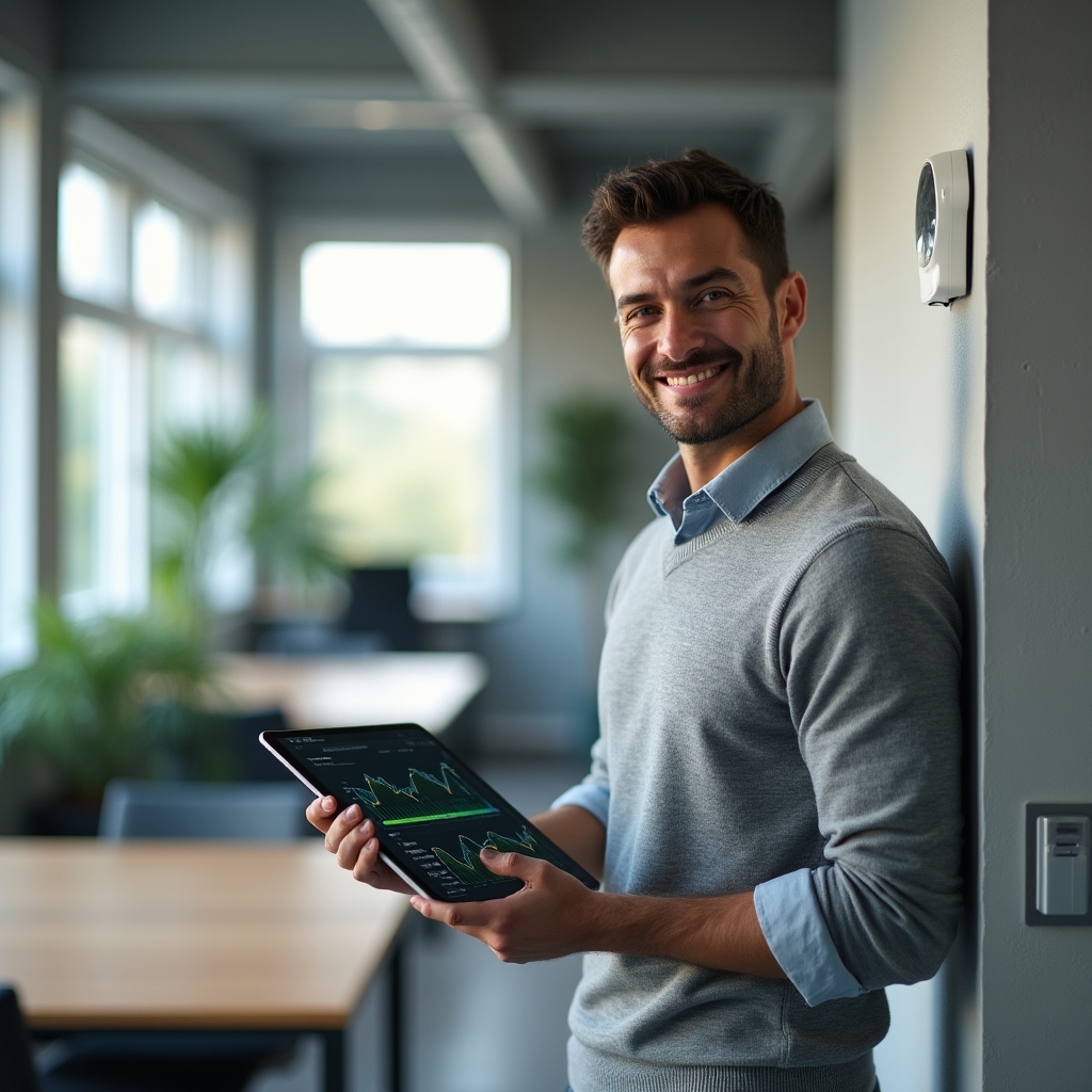 Persona registrando datos de consumo eléctrico en una tablet dentro de una oficina