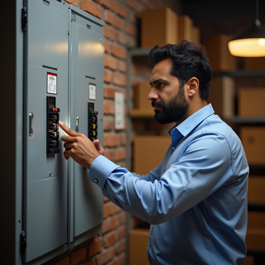 Técnico revisando un tablero eléctrico en la parte trasera de un comercio minorista