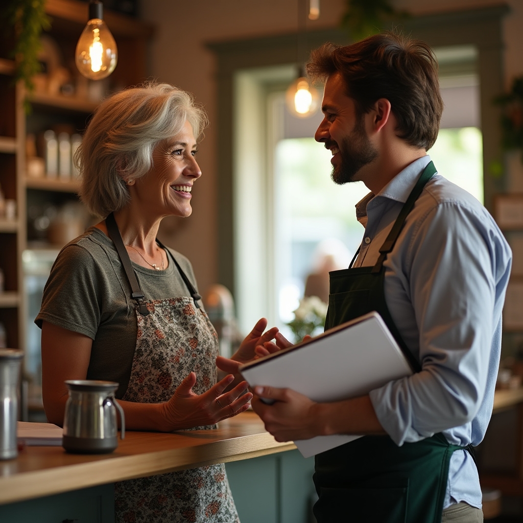 Encargada de un comercio conversando con un asesor energético sobre los resultados del diagnóstico